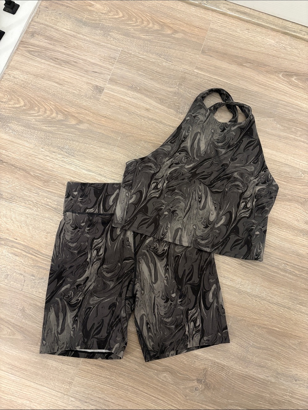 Abercrombie & Fitch Black Gray Marble Print Track Shorts & Crop Top Set
